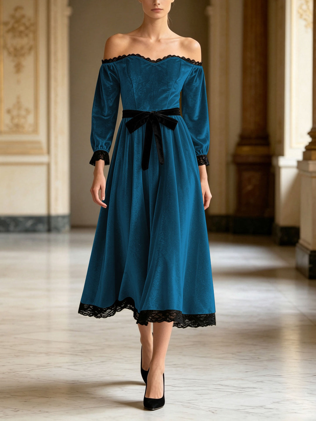 Damen Schulterfreies Samtkleid mit Spitzenbesatz, Samt-Taillengürtel und ausgestelltem Midirock Echoarchiv