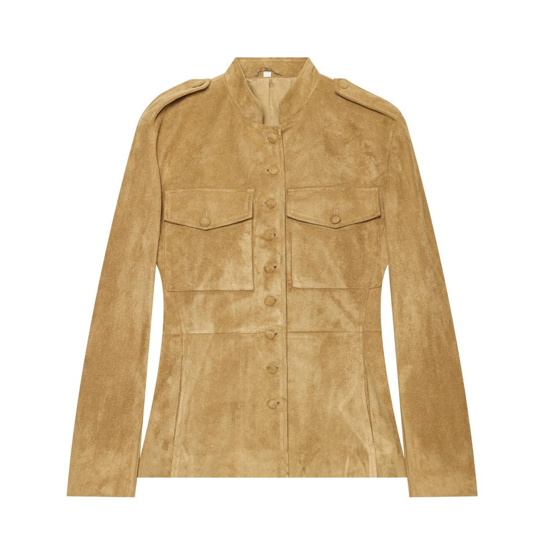 Damen Military-inspirierte Jacke aus Veloursoptik mit Stehkragen und Pattentaschen Echo Archiv