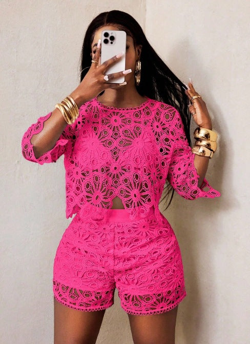 Damen nan gehäkeltes zweiteiliges Set mit Crop-Top und taillenhohen Shorts Echo Archiv