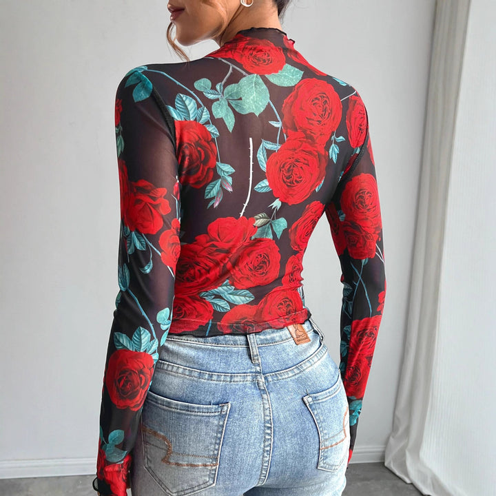 Damen nan figurbetontes Netz-Langarmshirt mit Rosenmotiv, Stehkragen und Wellensaum Echo Archiv