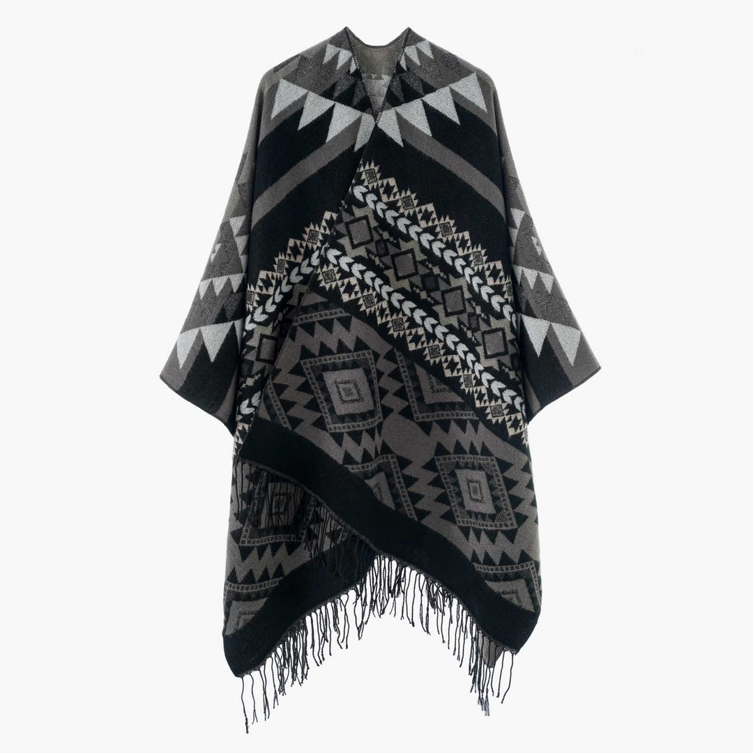 Damen Oversize Jacquard‑Überwurf im Ethno‑Muster mit Fransen Echo Archiv