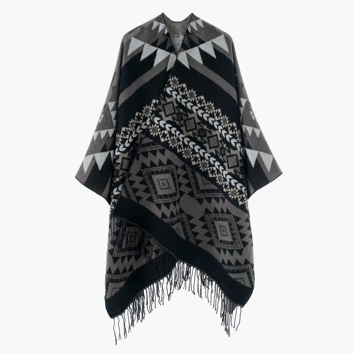 Damen Oversize Jacquard‑Überwurf im Ethno‑Muster mit Fransen Echo Archiv