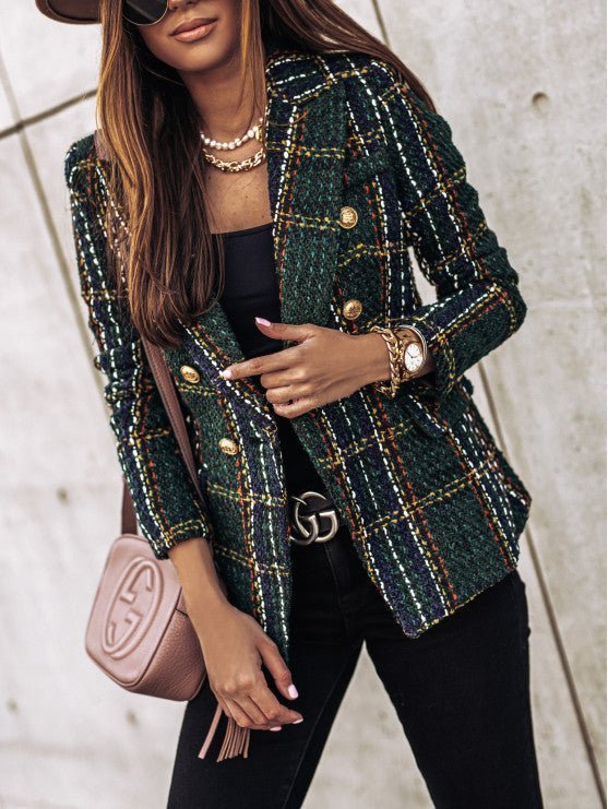 Damen Bouclé-Tweed-Blazer mit Karomuster und doppelreihiger Knopfleiste – Valéne