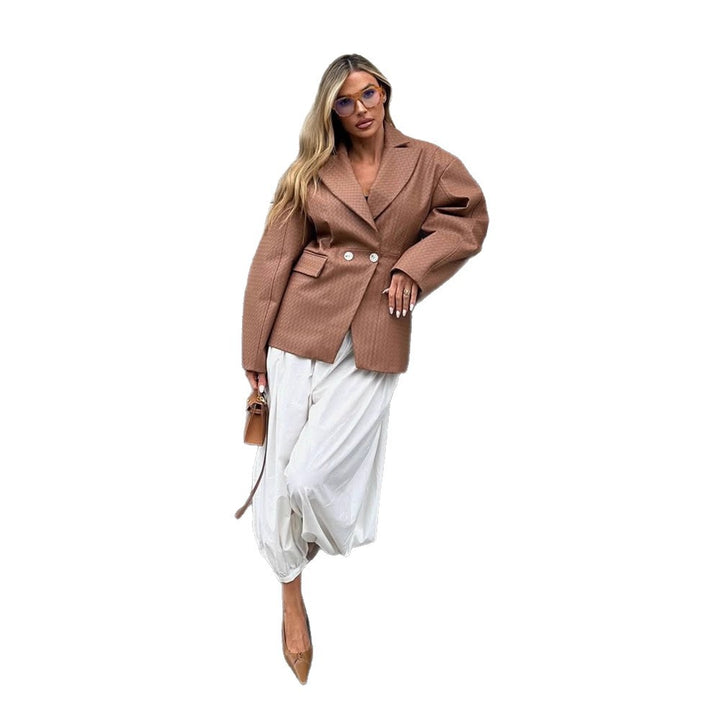 Damen Boxy-Blazer mit taillierter Drapierung und strukturierter Lederimitat-Optik Echoarchiv