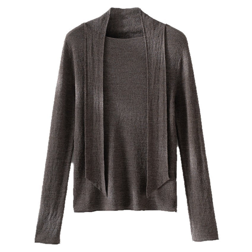 Damen Feiner Feinstrickpullover mit Schalkragen und asymmetrischem Schlaufendetail Echoarchiv