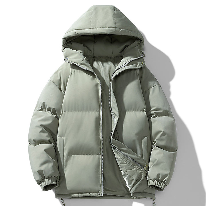Herren minimalistischer oversized gepolsterter Mantel mit gestepptem Thermofutter und Kordelzugkapuze – Taviero