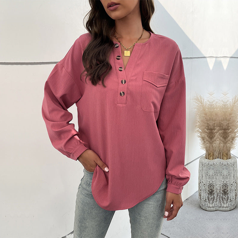 Damen Texturiertes Henley-Blusenshirt mit Knopfleiste und Brusttasche Echoarchiv