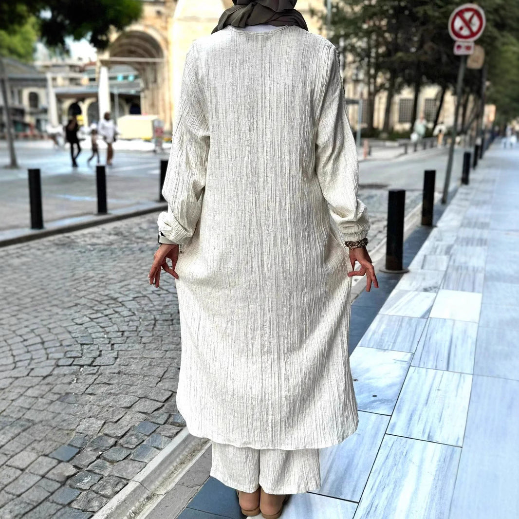 Damen Langes Crinkle-Kaftankleid mit Ballonärmeln und Stehkragenoptik Echoarchiv