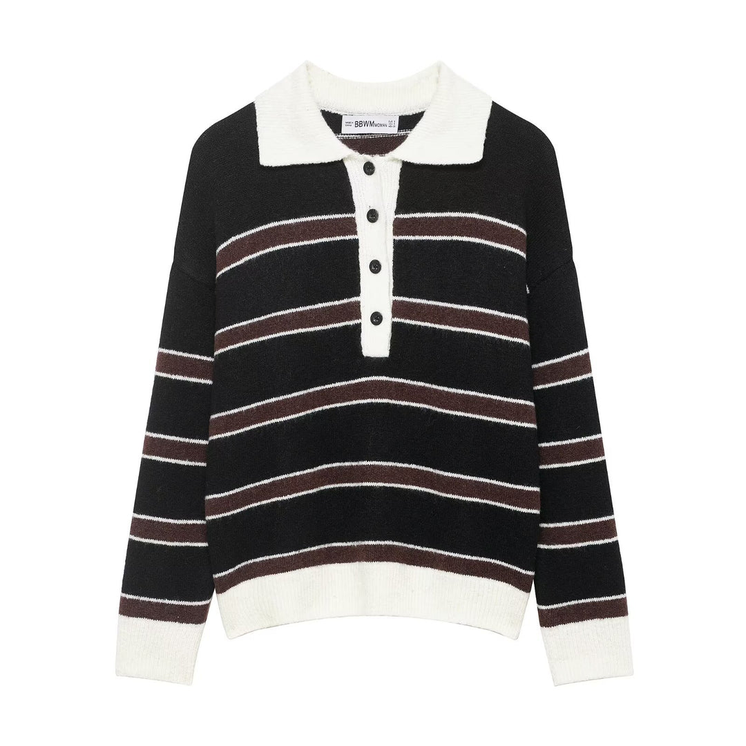 Damen Gestreifter Polokragen-Pullover aus weichem Strukturstrick mit Knopfleiste Echoarchiv