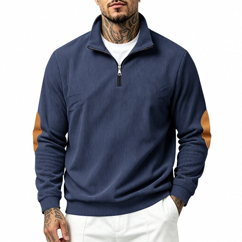Herren Feinstrick-Halbzip-Pullover mit Cordstruktur und Kontrast-Ellbogenpatch Echoarchiv