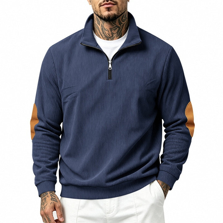 Herren Feinstrick-Halbzip-Pullover mit Cordstruktur und Kontrast-Ellbogenpatch Echoarchiv