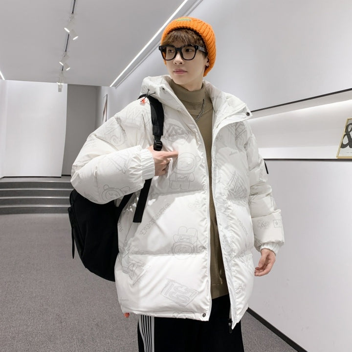 Herren gefütterte oversized Steppjacke mit Kapuze und Allover-Print Echoarchiv