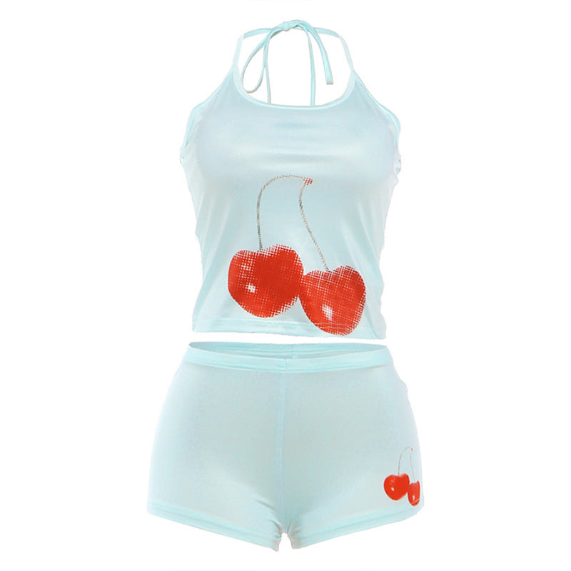 Damen Baumwoll-Crop-Top mit Cherrydruck und Shorts Echo Archiv