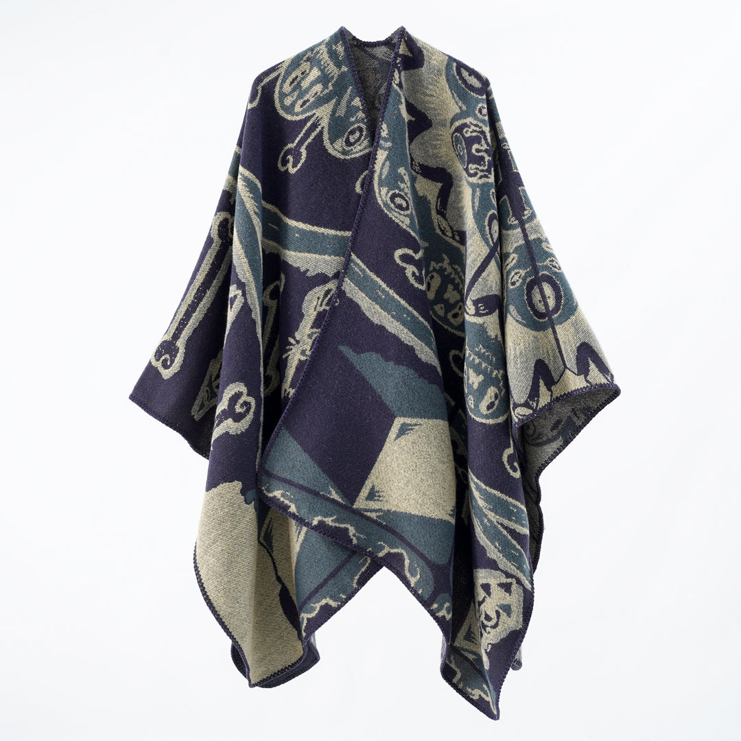 Damen Jacquard-Überwurfponcho mit musikalischem Ornament und Rollkante Echo Archiv