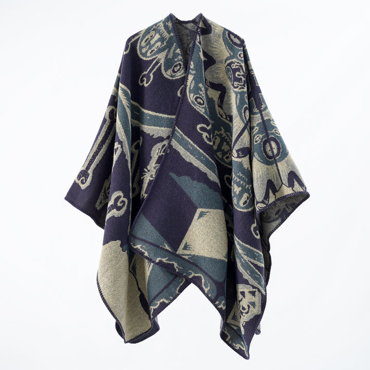 Damen Jacquard-Überwurfponcho mit musikalischem Ornament und Rollkante Echo Archiv