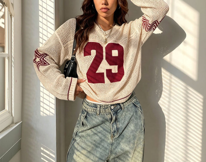 Damen Oversize Netz-Strick Cropped Pullover mit V-Ausschnitt Echoarchiv