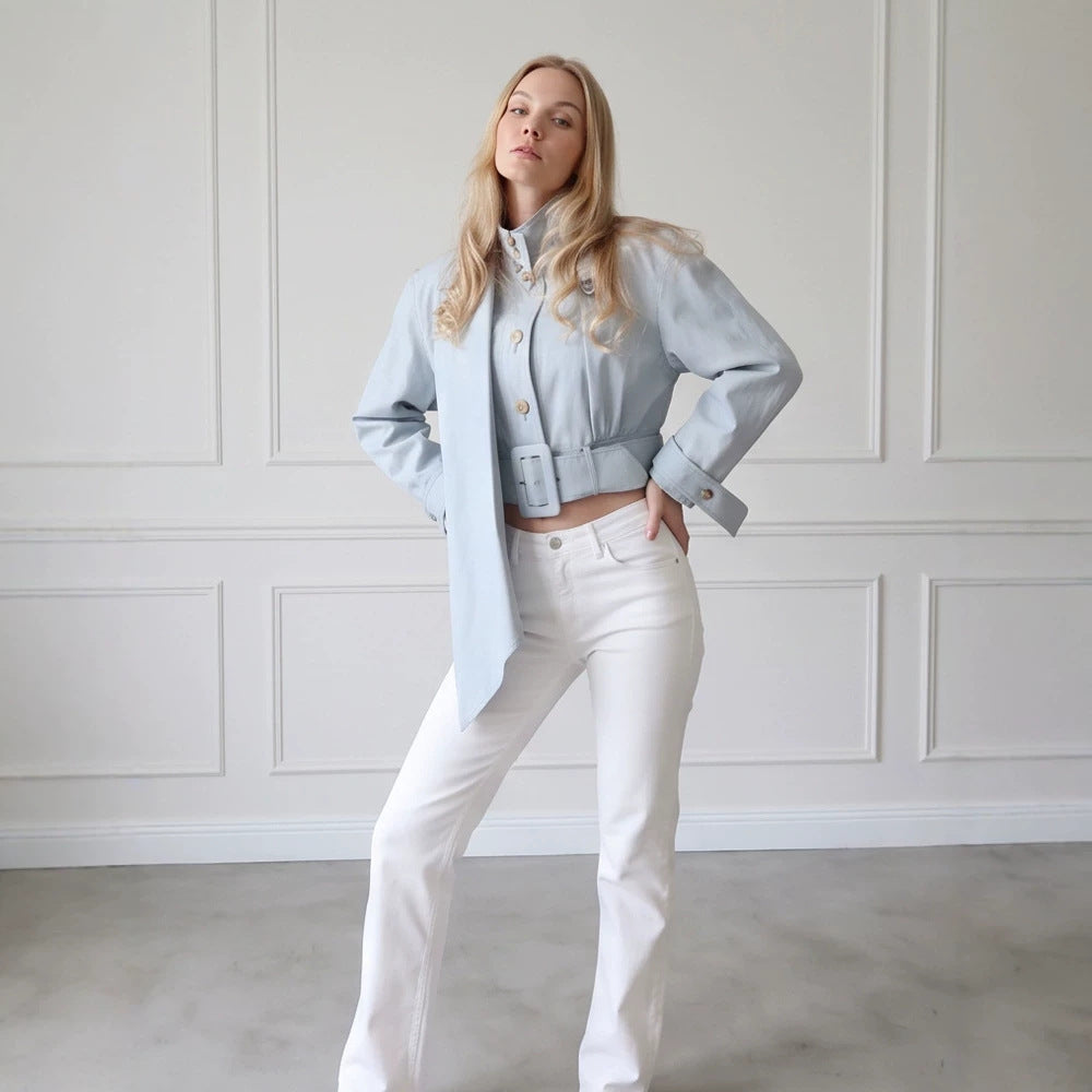 Damen Taillierte Cropped-Jacke mit überlanger Schluppe & breitem Taillengürtel Echoarchiv