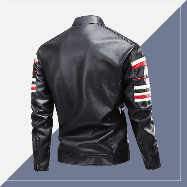 Herren Racing-Lederimitat-Bikerjacke mit Stehkragen, gesteppter Schulterpartie & Kontrast-Colourblocking Echoarchiv