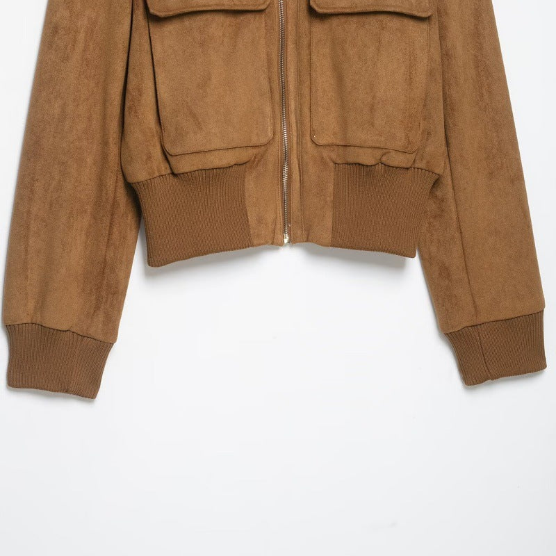 Damen Kurze Wildlederoptik-Bomberjacke mit Stehkragen, Klappentaschen und Rippbündchen Echo Archiv