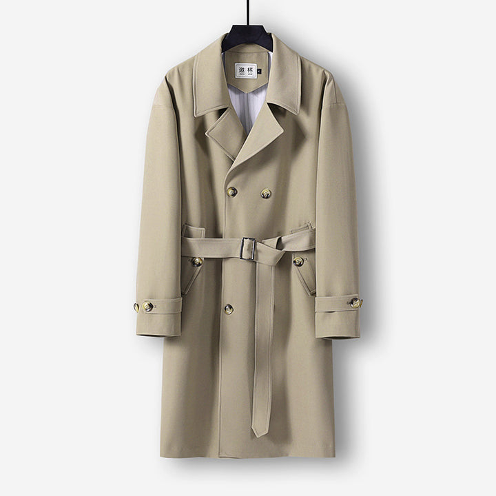 Herren Moderner knielanger Doppelreihiger Trenchcoat mit Taillengürtel Echoarchiv