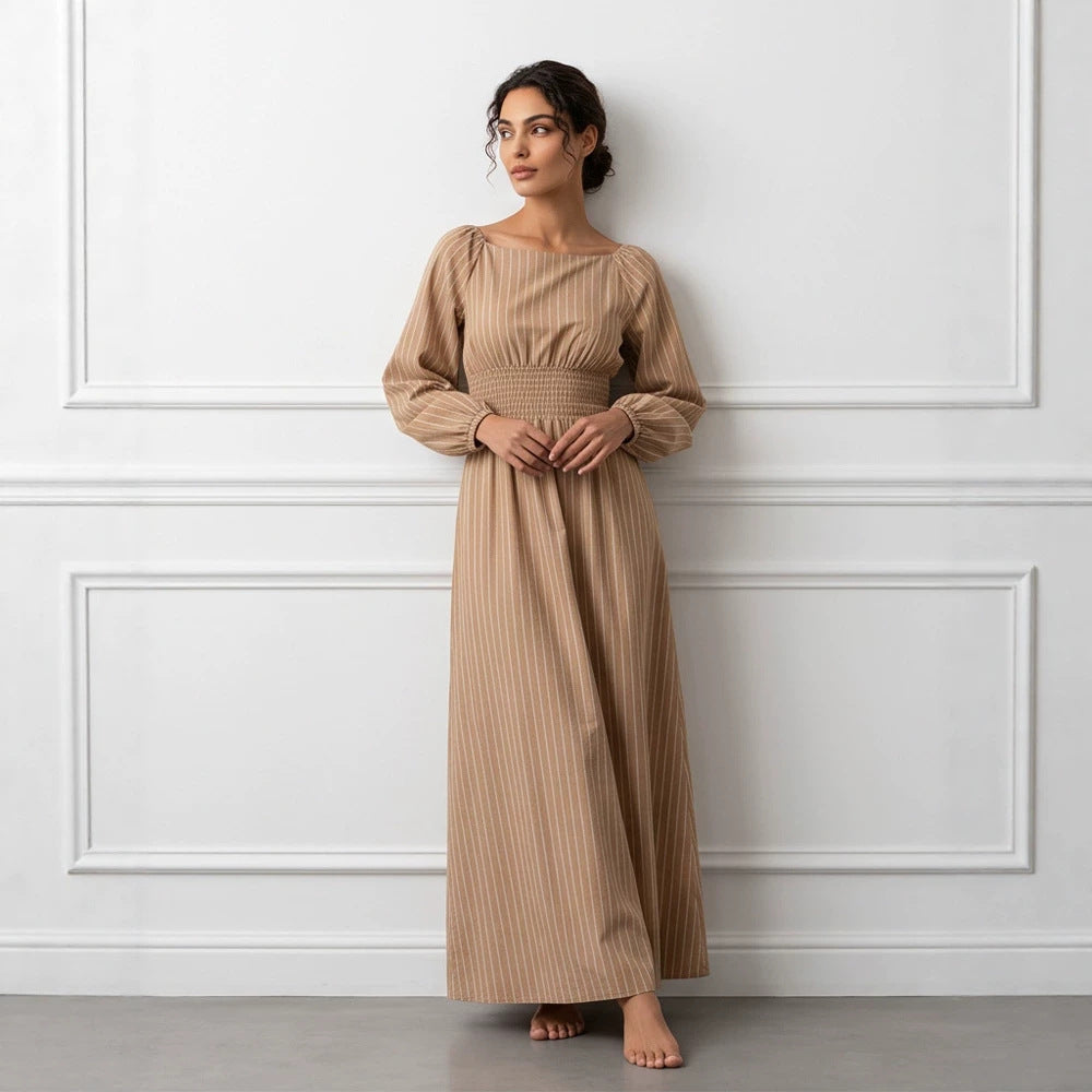 Damen Maxikleid mit Smok-Taillenband, Quadrat-Ausschnitt und langen Ballonärmeln Echoarchiv