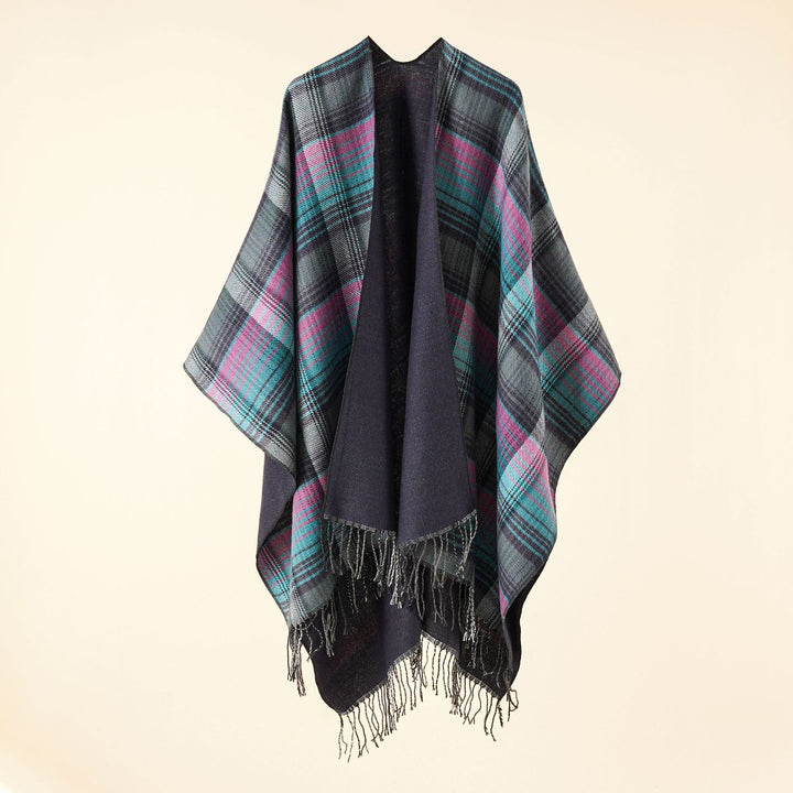 Damen Kastiger Plaid-Ruana aus leichtem Wollmix mit dekorativem Fransensaum – Avérine