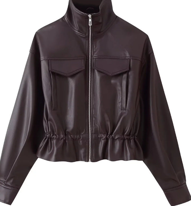 Damen gekürzte Kunstlederjacke mit Stehkragen, Reißverschluss und taillierendem Smok Echo Archiv