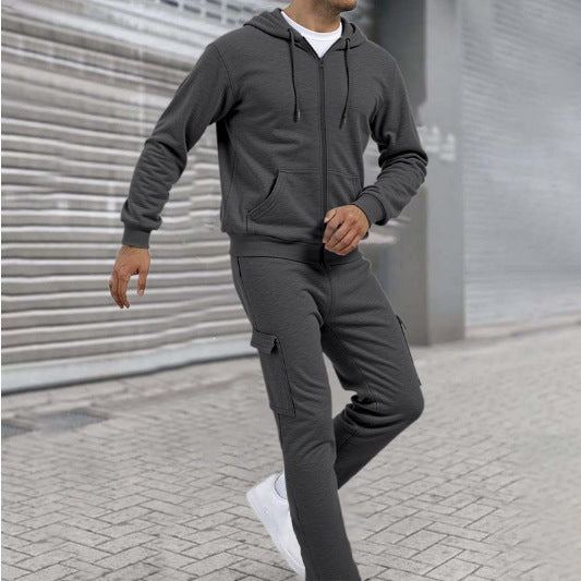 Herren athletischer Zip-Sweatset mit Cargo-Jogginghose, ergonomischen Nähten und gerippten Bündchen – Cavarno