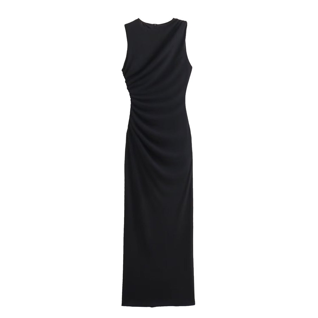 Echoarchiv | Einfarbiges Rundhalsausschnitt Ärmelloses Faltendes Slim Fit Kleid