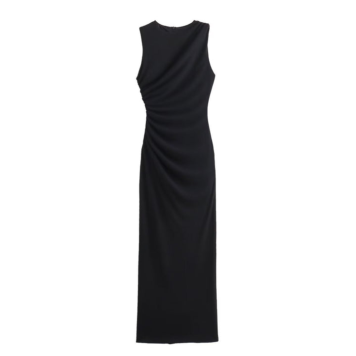 Echoarchiv | Einfarbiges Rundhalsausschnitt Ärmelloses Faltendes Slim Fit Kleid