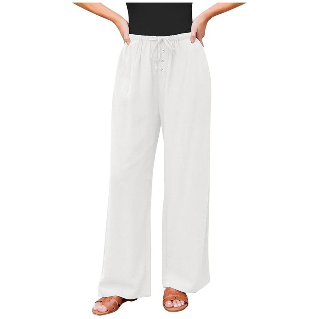 Damen weite Leinenhose mit elastischem Bund, Kordelzug und Knopfleiste Echo Archiv