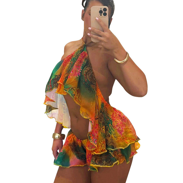 Damen trendiges Set mit asymmetrischem Oberteil und Shorts Echo Archiv