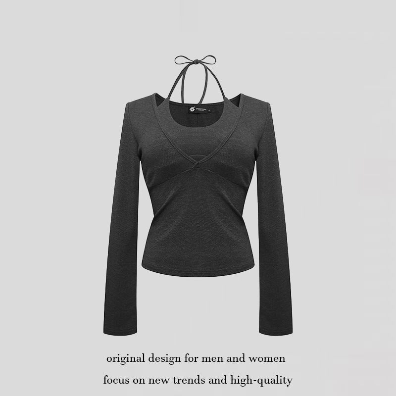 Damen Langarm-Top mit Neckholder, Wickeloptik und figurbetontem Schnitt Echoarchiv