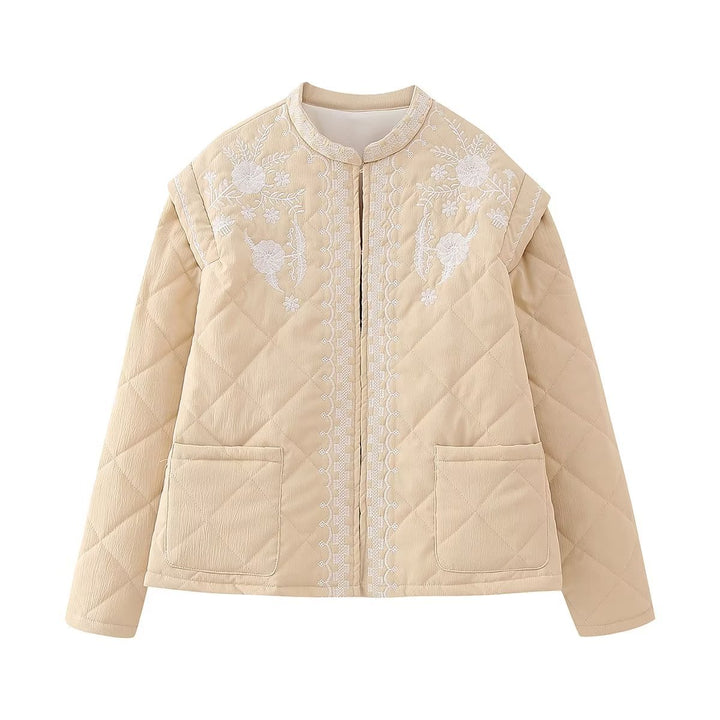 Damen nan gesteppte Jacke mit floraler Stickbordüre, geradem Schnitt und Rundhals Echo Archiv