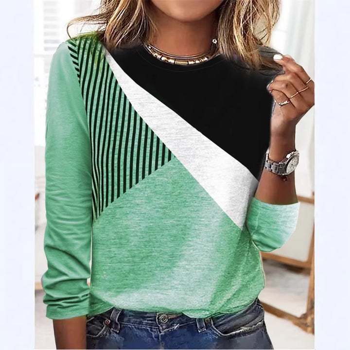 Damen Farbblock Langarmshirt mit schrägem Streifenmuster und Rundhalsausschnitt Echoarchiv