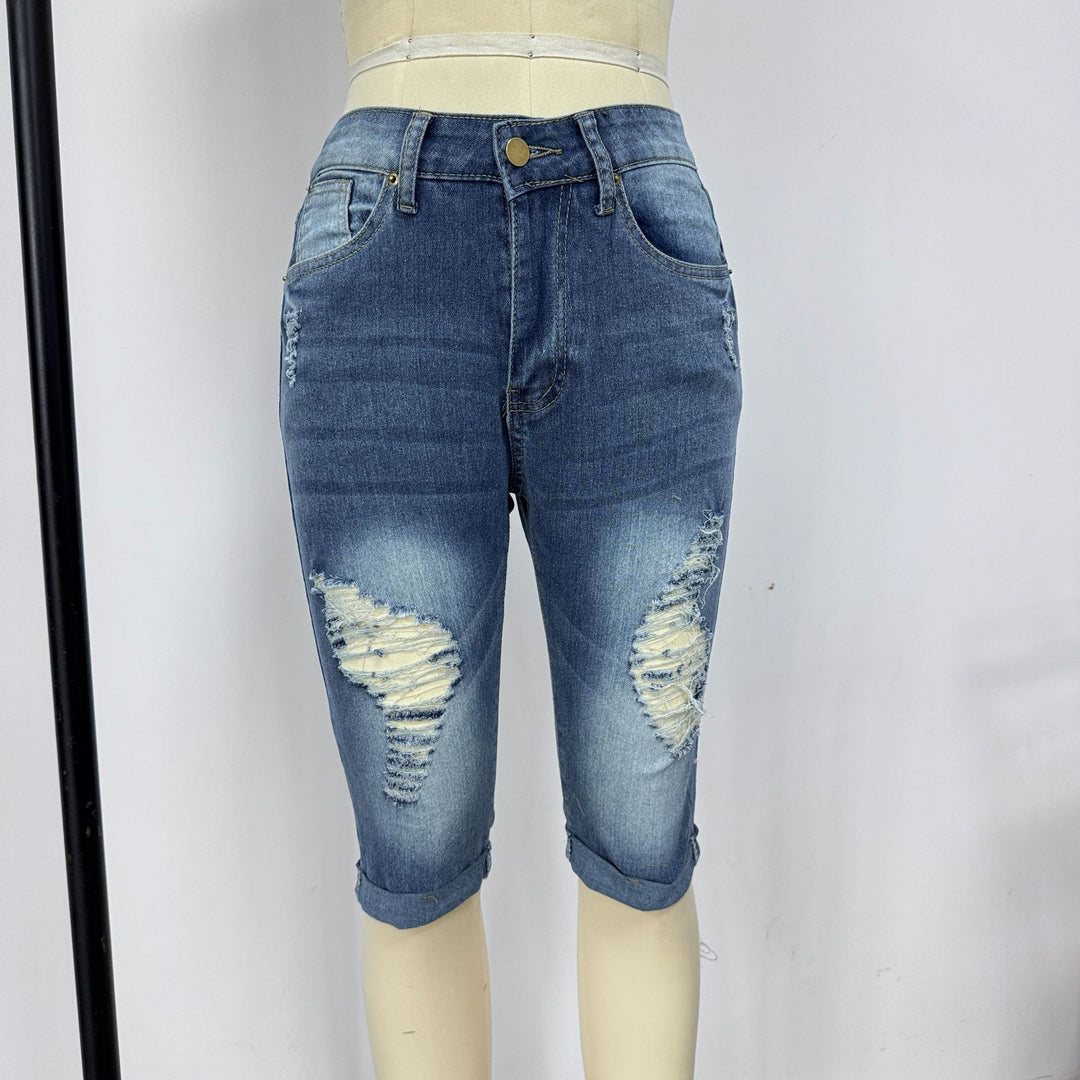 Damen Modische Destroyed Denim-Shorts mit Hohem Bund und Aufgerissenen Details Echo Archiv