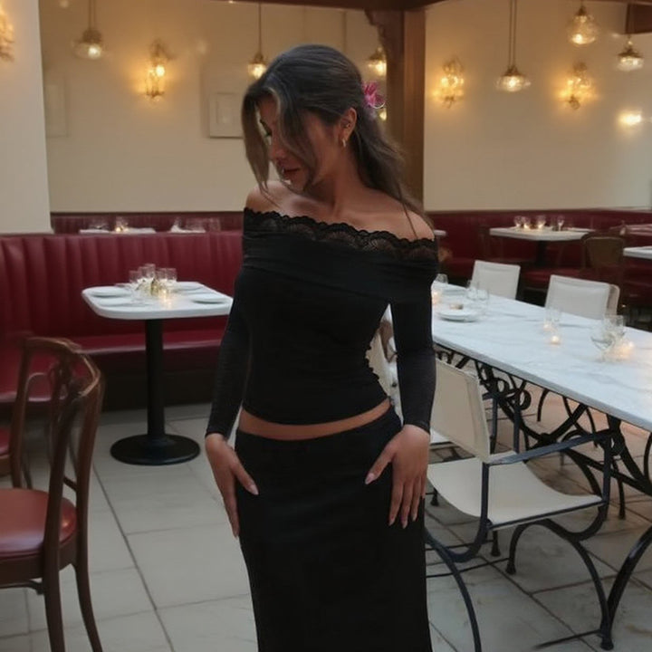 Damen Off-Shoulder Langarm-Top mit Spitzenbesatz und figurbetonter Silhouette – Avérine