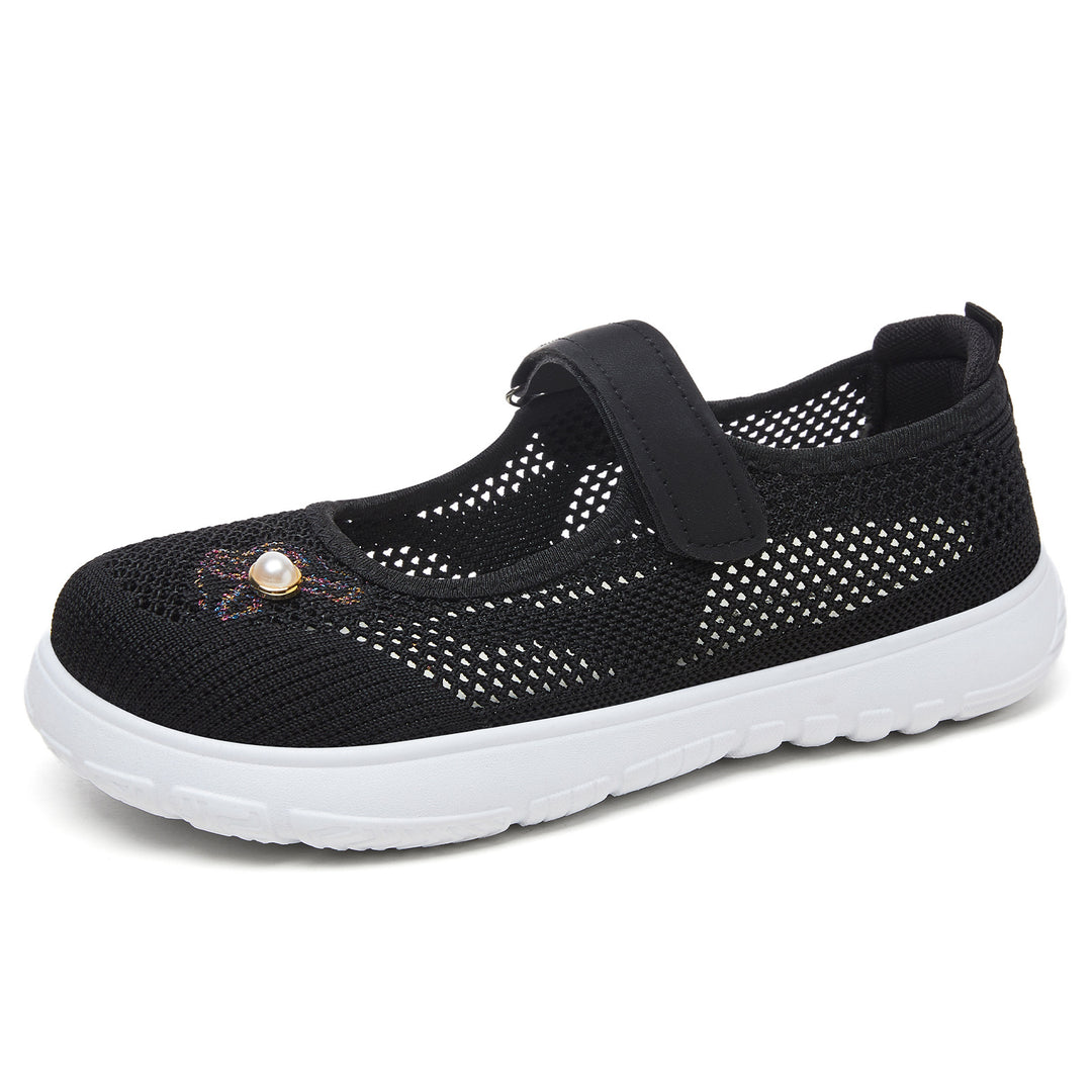 Damen nan gestrickter Mary-Jane-Sneaker mit Klettriemen, atmungsaktivem Strickoberteil, dekorativer Perlenapplikation und dämpfender EVA-Sohle Echo Archiv