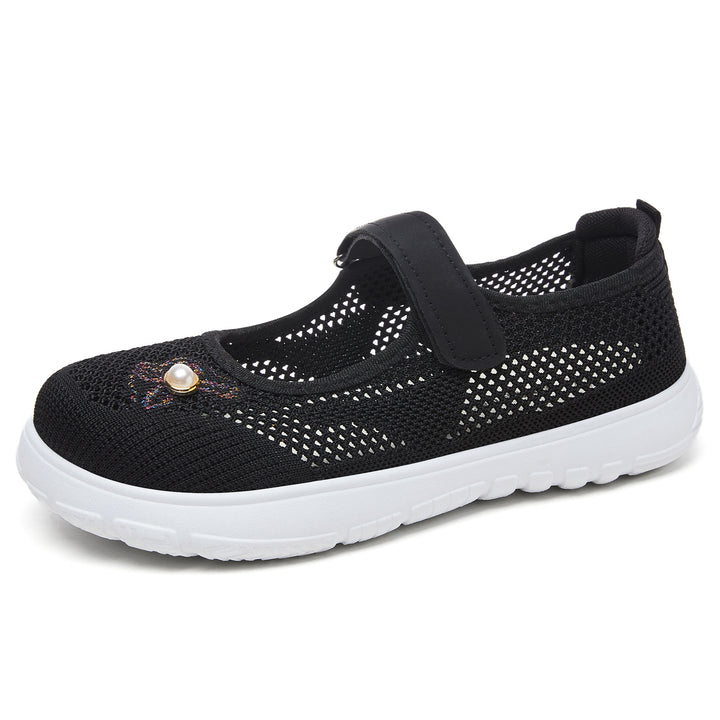 Damen nan gestrickter Mary-Jane-Sneaker mit Klettriemen, atmungsaktivem Strickoberteil, dekorativer Perlenapplikation und dämpfender EVA-Sohle Echo Archiv