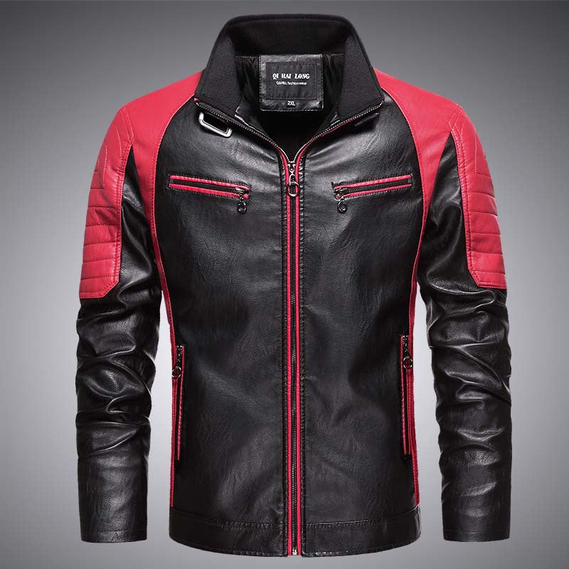 Herren Biker-Lederimitatjacke im Racing-Stil mit Stehkragen und Reißverschlusstaschen Echoarchiv