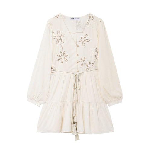 Damen Besticktes Boho-Kleid mit V-Ausschnitt Kordelzug und Stufenrock Echo Archiv