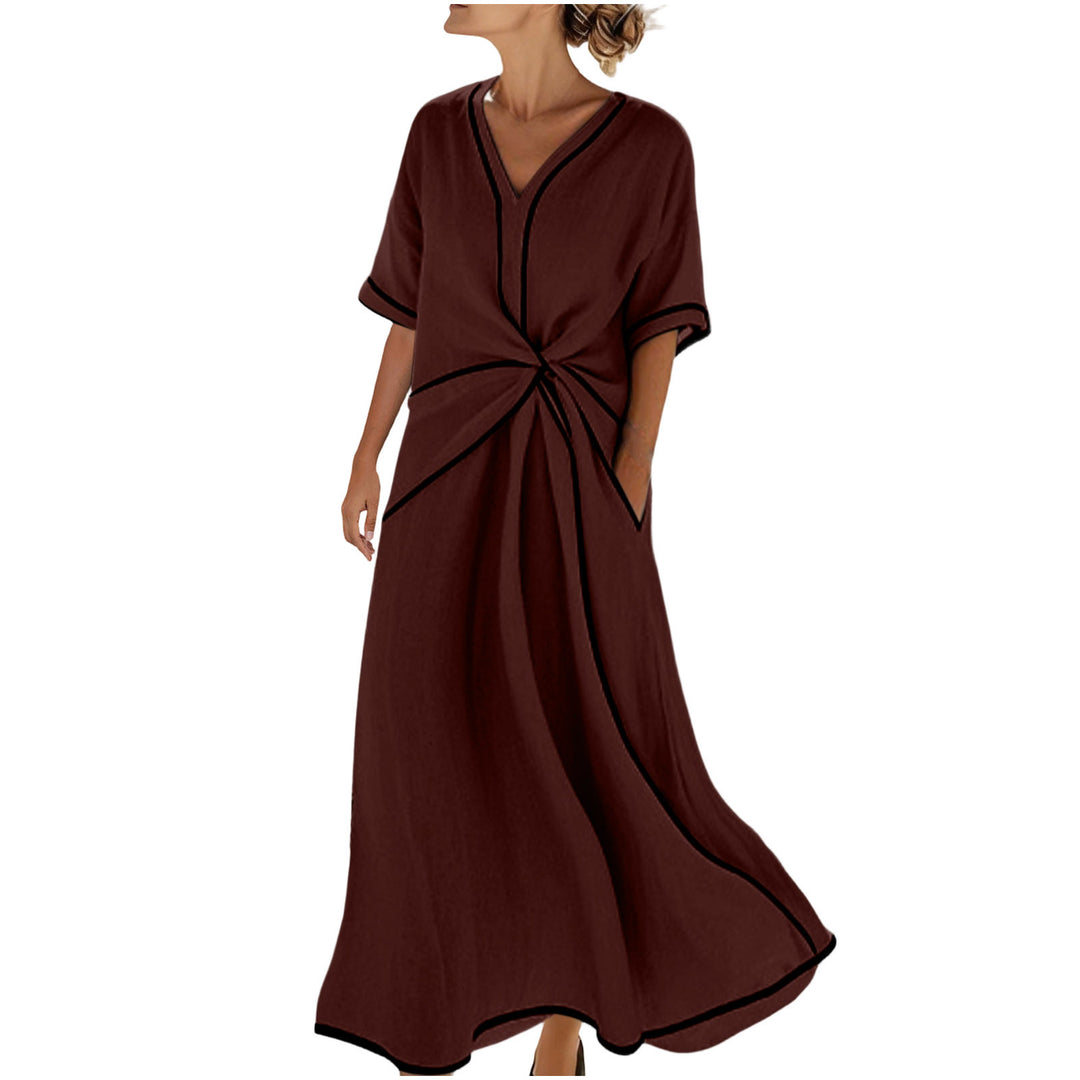 Damen Langes A-Linienkleid mit V‑Ausschnitt, Knoten-Detail und Kontrastpaspel – Élara