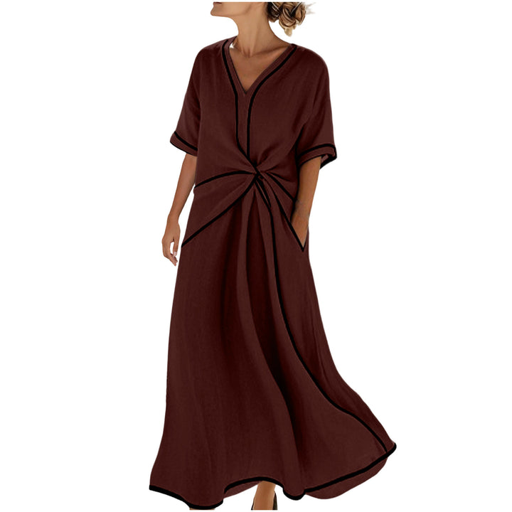 Damen Langes A-Linienkleid mit V‑Ausschnitt, Knoten-Detail und Kontrastpaspel – Élara