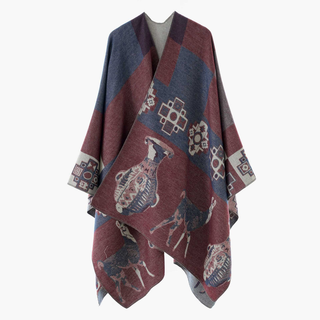 Damen Cape-Überwurf aus Jacquard-Strick mit Tier- und Ethno-Motiv Echo Archiv