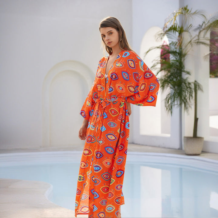 Damen Langer Kaftan‑Kimono mit Taillengürtel, V‑Ausschnitt & grafischem Augenprint Echoarchiv