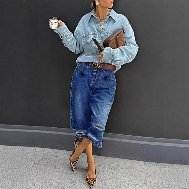 Damen Hochtaillierte Denim-Culotte mit Destroyed-Einsätzen und rohem Saum Echo Archiv