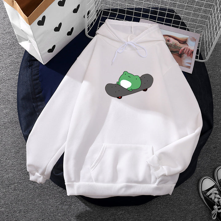 Unisex Kapuzenpullover mit Skater-Frosch-Print, weichem Fleece-Innenfutter und Kängurutasche – Auréline