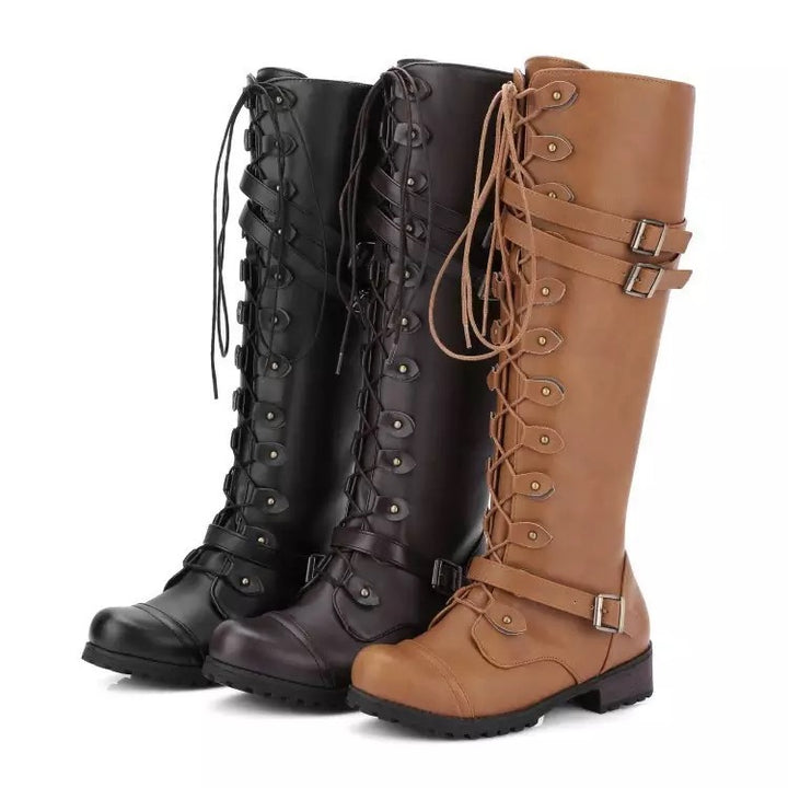 Damen Kniehohe Schnürstiefel mit verstellbaren Zierschnallen und robuster Profilsohle – Lioré
