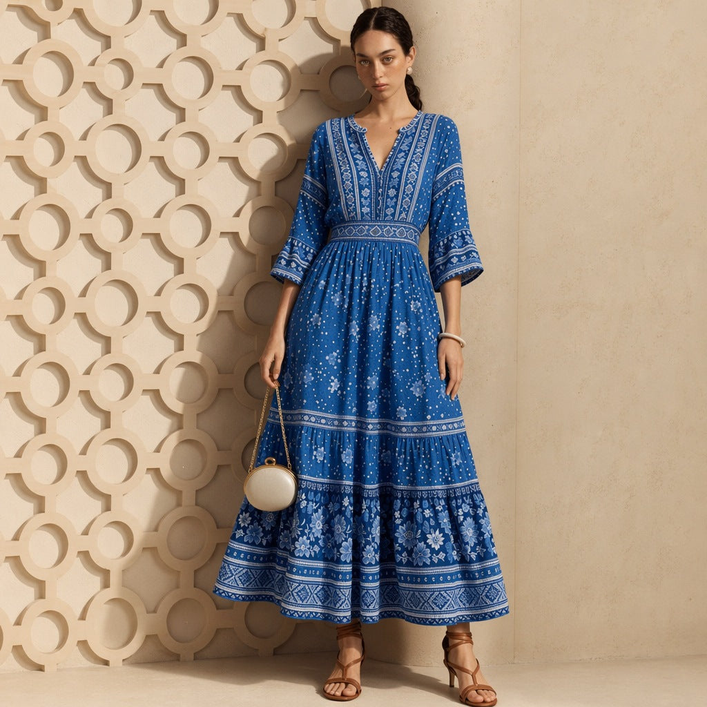 Damen langes Boho-Maxi-Kleid mit V-Ausschnitt geraffter Taille und mehrlagigem Stufenrock – Valéora
