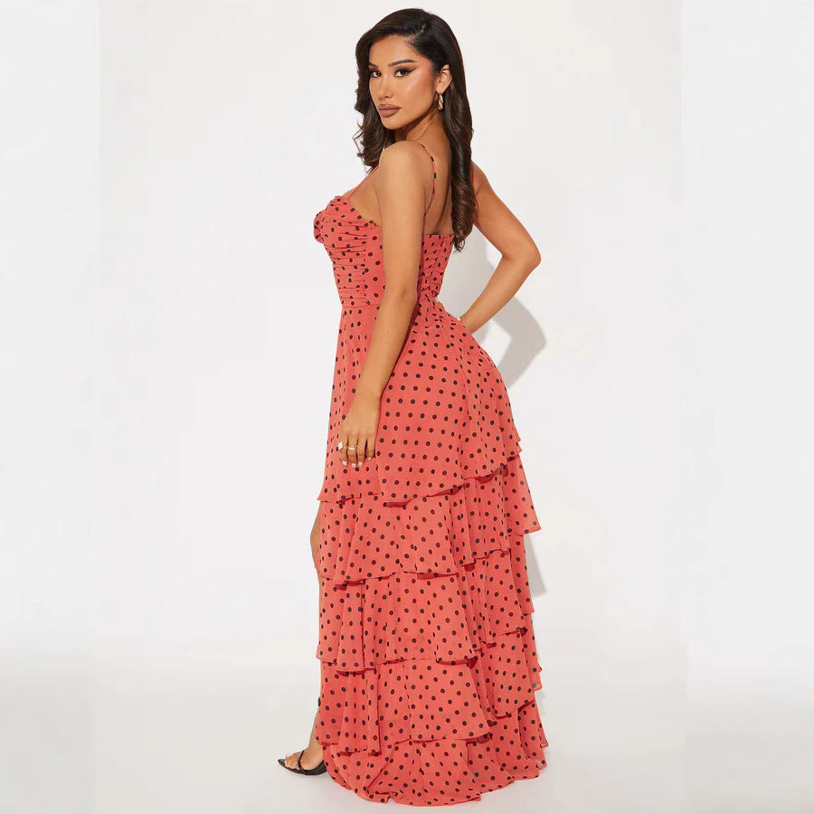 Damen Verspieltes Polka-Dots Maxikleid mit asymmetrischem Rock und floralen Akzenten Echo Archiv